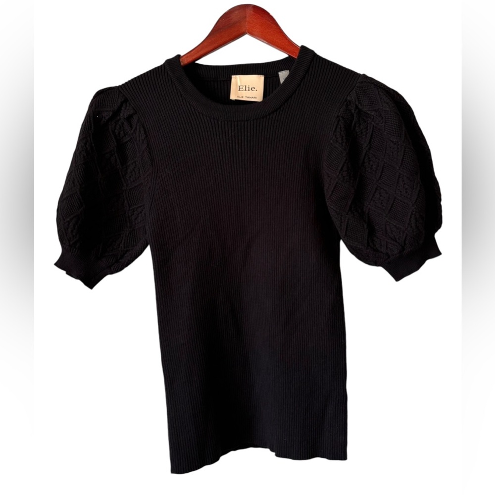 Elie. Elie Tahari Short Puff Embroidred Sleeve Black Knit Sweater Size Small